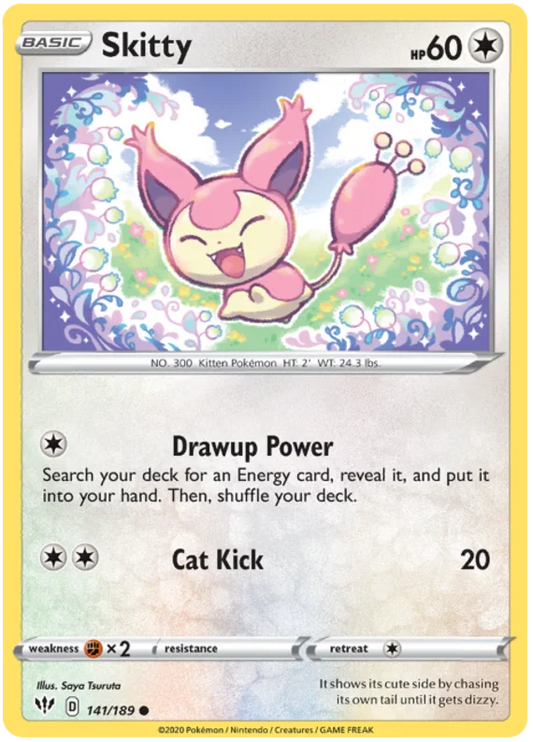 Voorkant van de Skitty 141/189 Common Colorless Pokémon-kaart uit de Darkness Ablaze set.