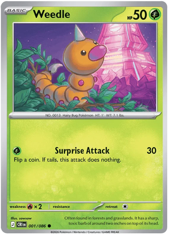 Pokémon kaart Weedle common uit de set Chaos Rising, kaartnummer 001
