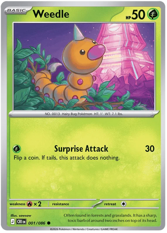 Pokémon kaart Weedle common uit de set Chaos Rising, kaartnummer 001