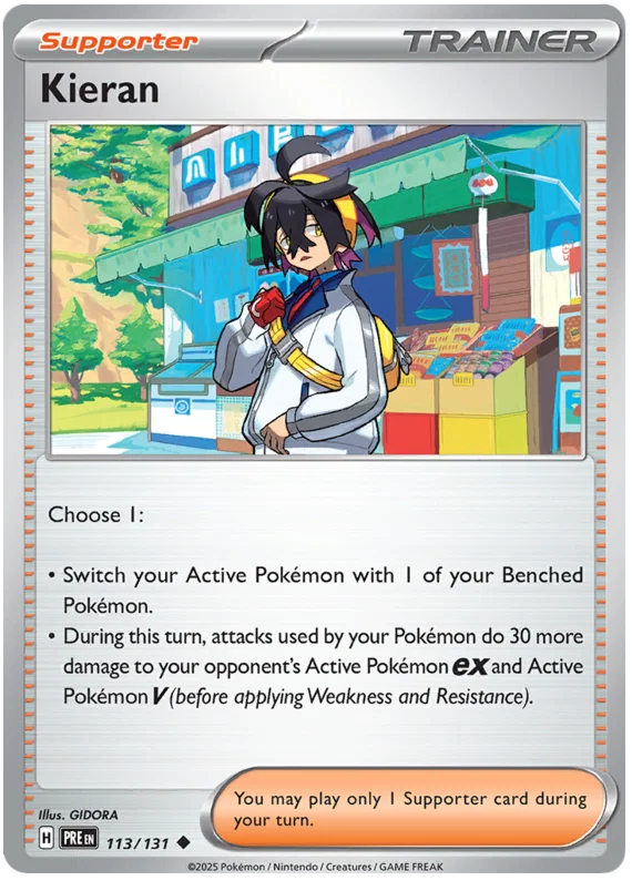 Pokémon Kieran common trainerkaart #113 uit de Prismatic Evolutions set