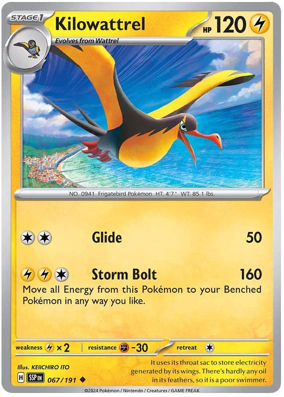 Pokémon Kilowattrel #067 common kaart uit de Surging Sparks set