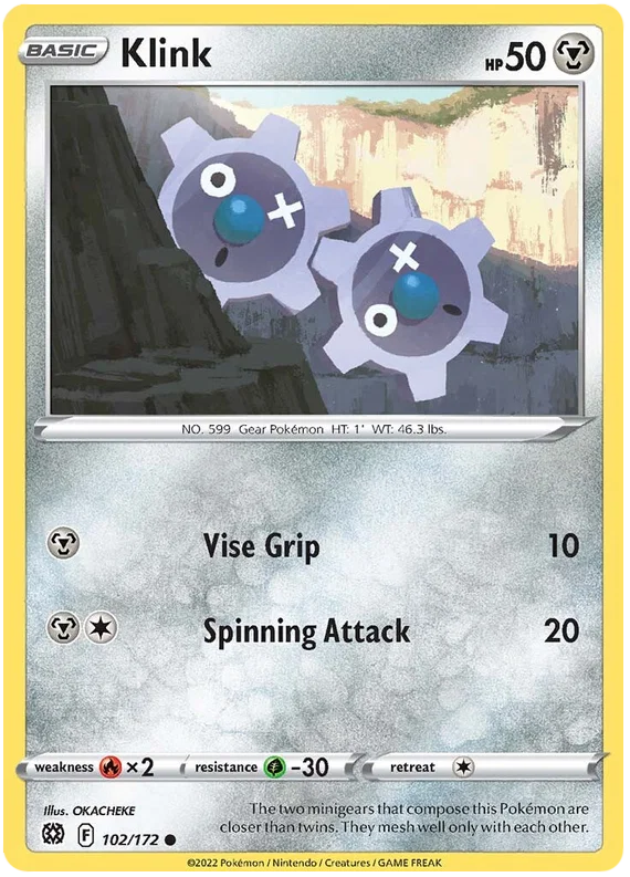 Pokémon Klink common kaart nummer 102/172 uit de Brilliant Stars set
