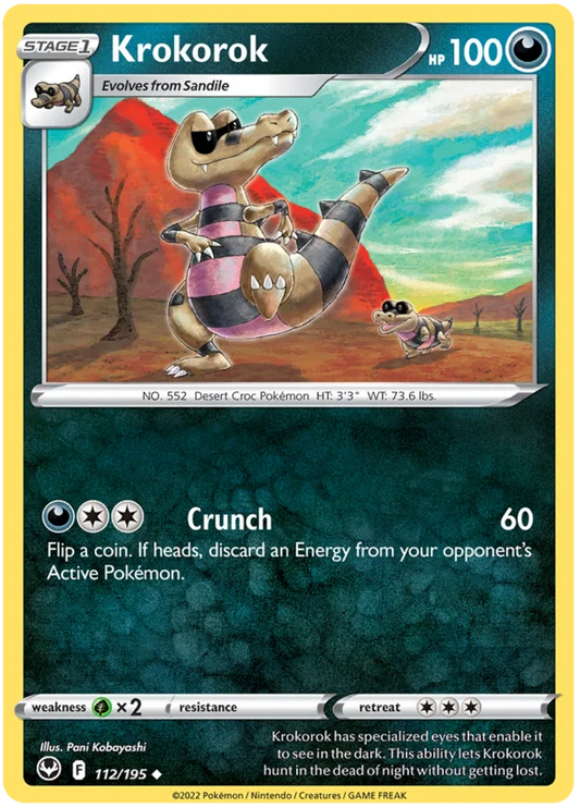 Krokorok common kaart nummer 112 uit de Pokémon Silver Tempest set