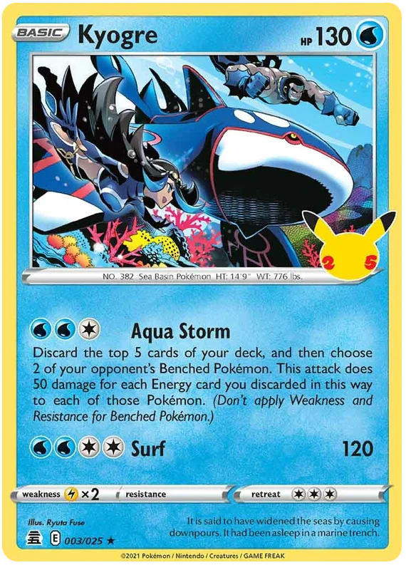 Kyogre holo Pokémon kaart uit de Celebrations set met nummer 003/025