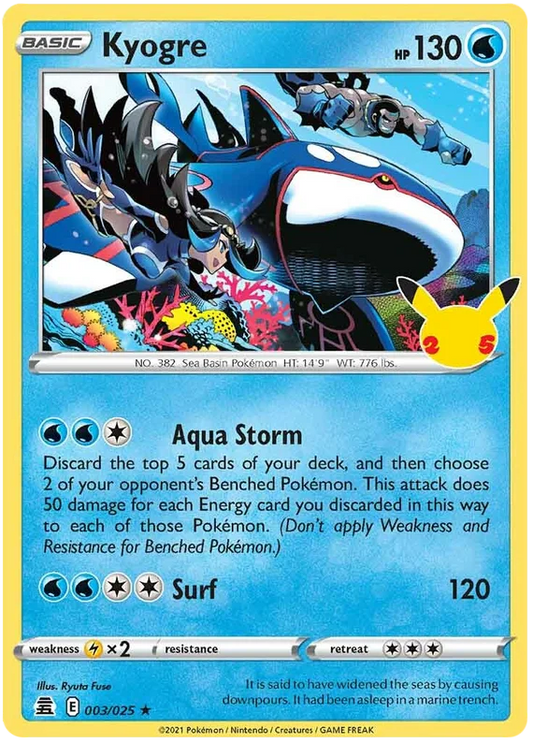 Kyogre holo Pokémon kaart uit de Celebrations set met nummer 003/025