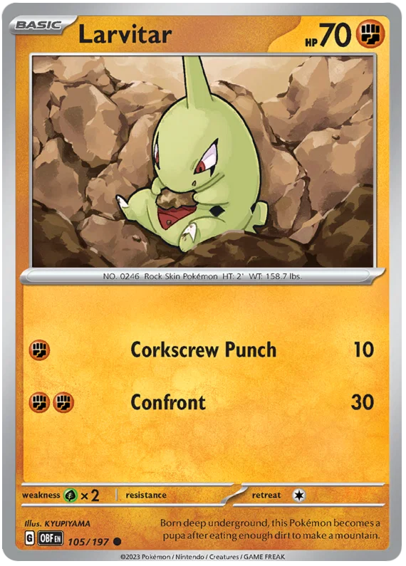Larvitar common kaart #105 uit de Pokémon Obsidian Flames set