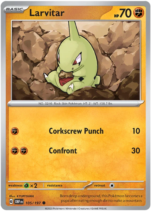 Larvitar common kaart #105 uit de Pokémon Obsidian Flames set
