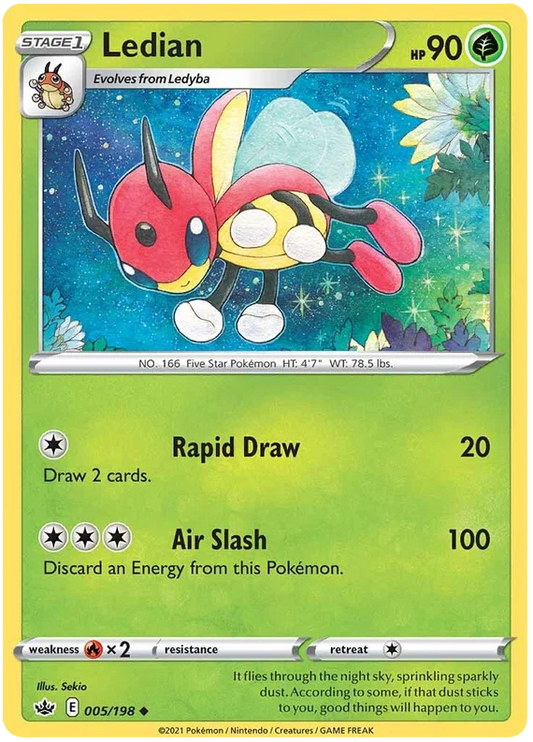 Ledian common kaart nummer 005/198 uit de Pokémon Chilling Reign set
