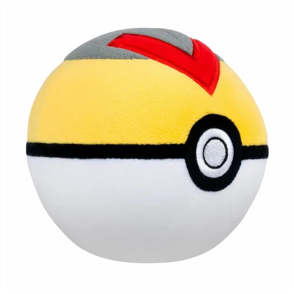 Zachte Pokémon Level Ball pluche van 12.5 cm met geel en rood design.