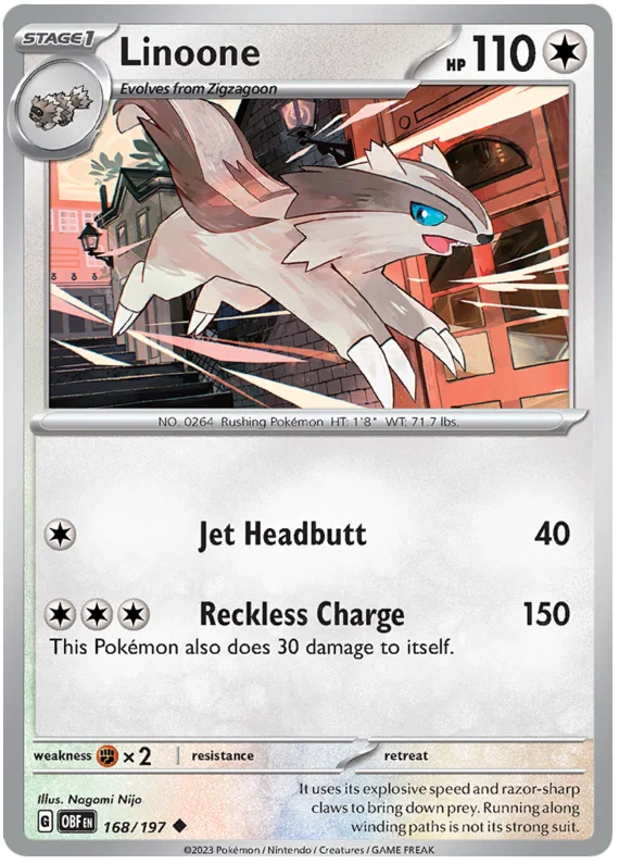 Linoone common Pokémon kaart nummer 168 uit Obsidian Flames set