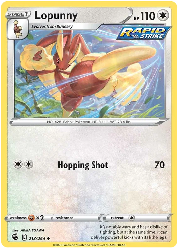 Pokémon Lopunny common kaart 213/264 uit Fusion Strike met Rapid Strike aanval Hopping Shot