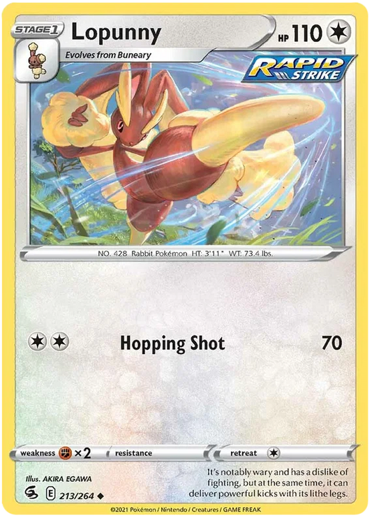 Pokémon Lopunny common kaart 213/264 uit Fusion Strike met Rapid Strike aanval Hopping Shot
