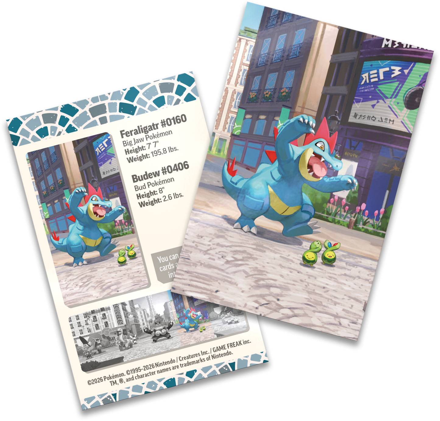 De meegeleverde Feraligatr art card en het stickervel uit de Lumiose City serie.
