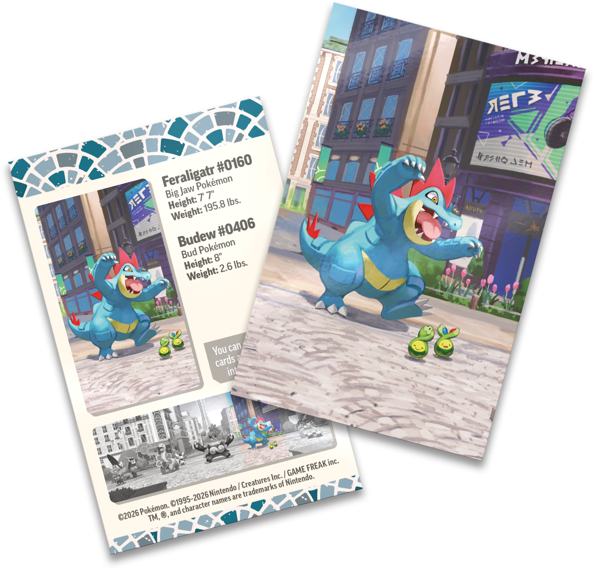 De meegeleverde Feraligatr art card en het stickervel uit de Lumiose City serie.