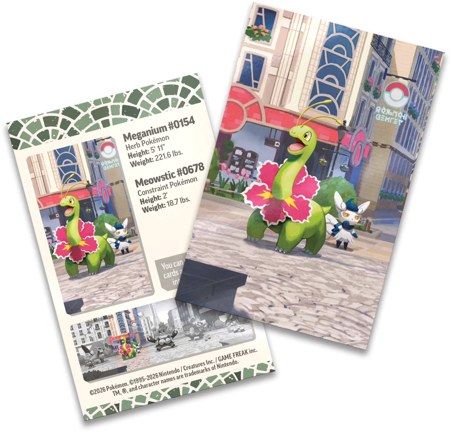 De exclusieve Meganium art card en het stickervel uit de Lumiose City collectie.