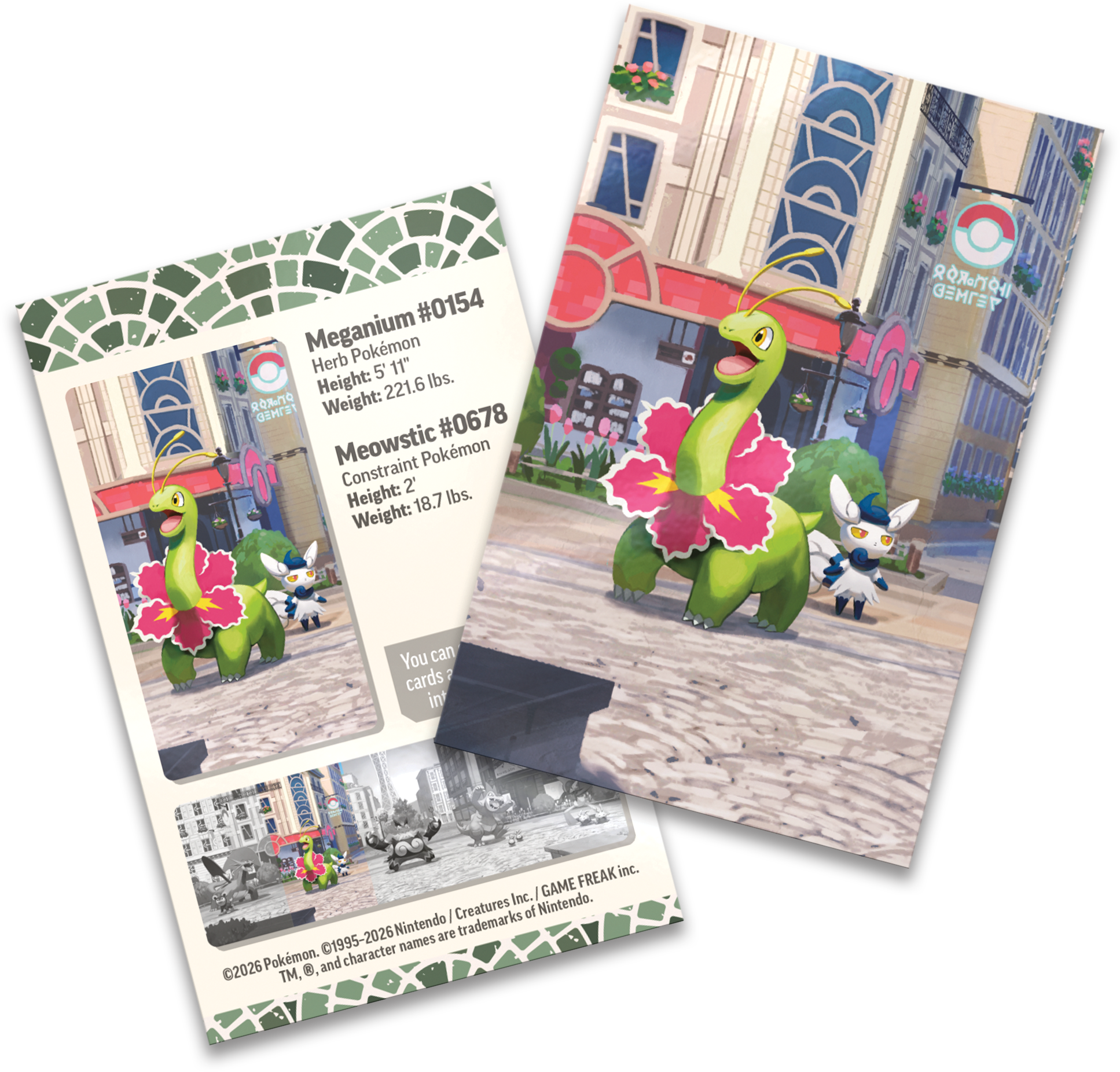 De exclusieve Meganium art card en het stickervel uit de Lumiose City collectie.