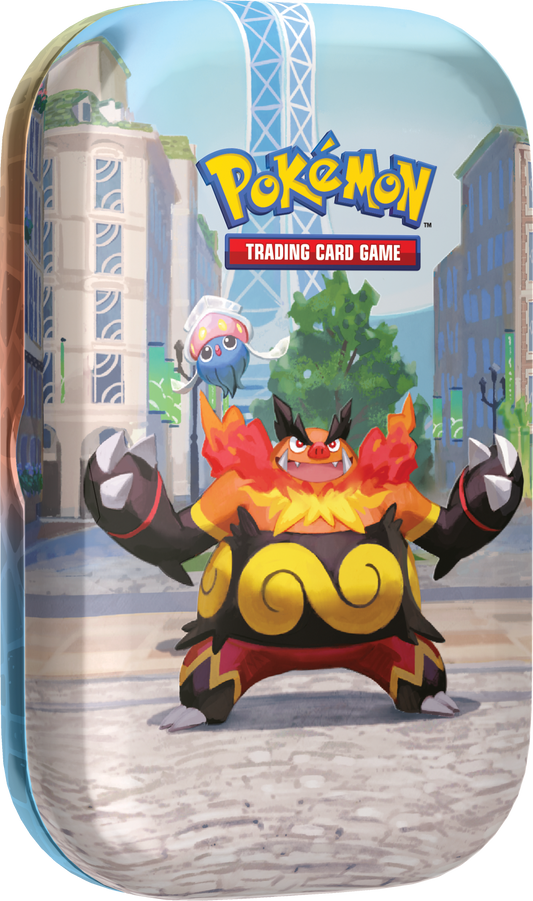 Voorzijde van de Pokémon Lumiose City Mini Tin met Emboar artwork.