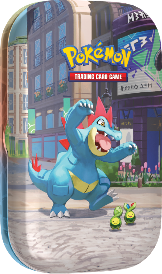 Voorzijde van de Pokémon Lumiose City Mini Tin met Feraligatr artwork.