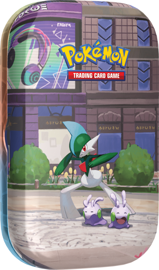 Voorzijde van de Pokémon Lumiose City Mini Tin met Gallade artwork.