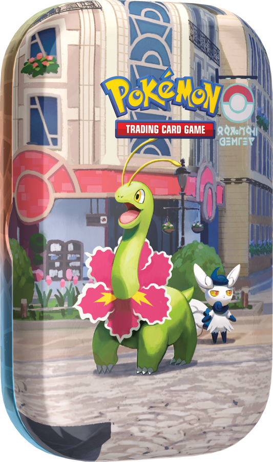 Voorzijde van de Pokémon Lumiose City Mini Tin met Meganium artwork.