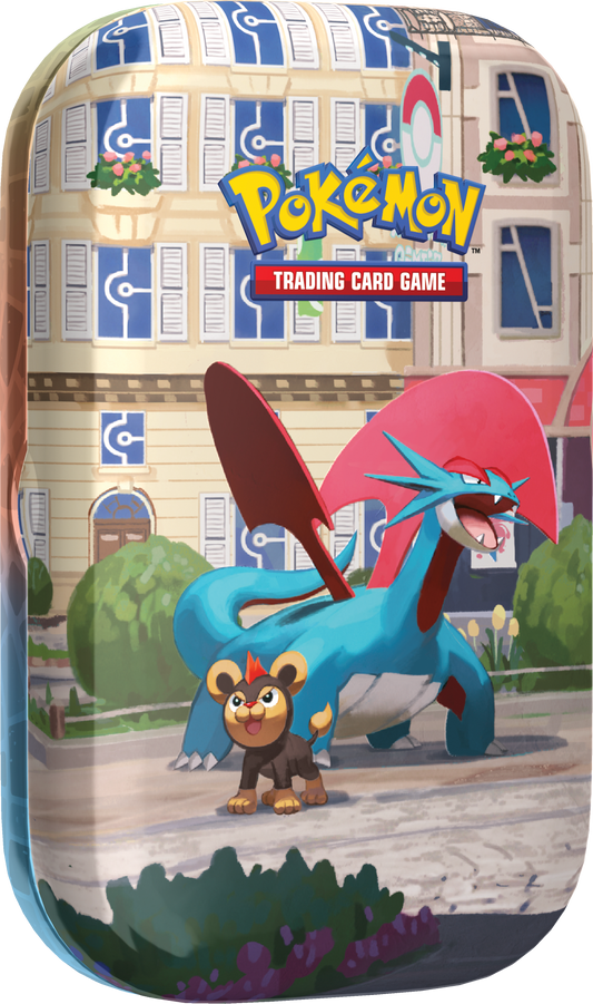 Voorzijde van de Pokémon Lumiose City Mini Tin met Salamence artwork.