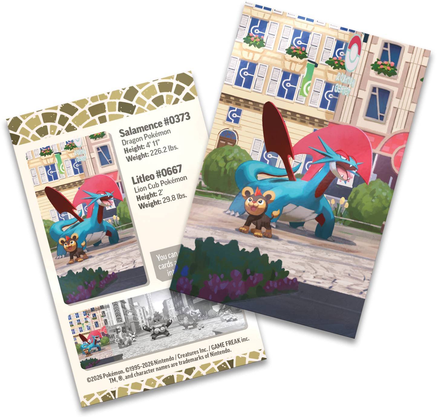 De meegeleverde Salamence art card en het stickervel uit de Lumiose City Mini Tin.