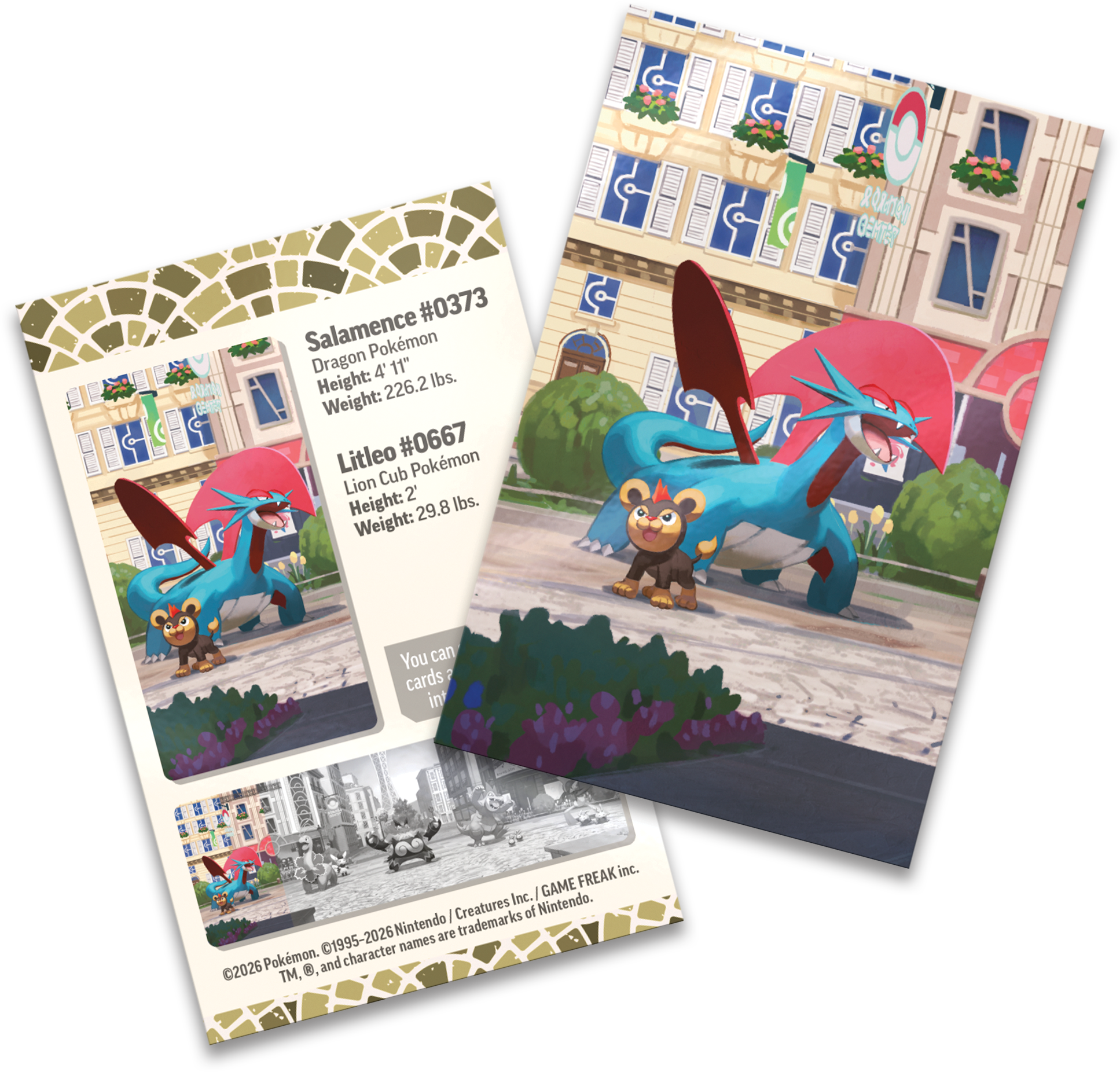 De meegeleverde Salamence art card en het stickervel uit de Lumiose City Mini Tin.