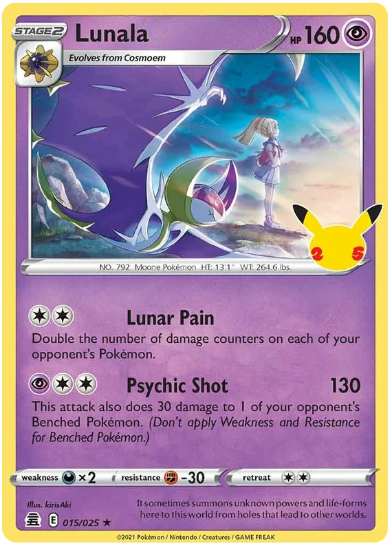 Pokémon Lunala Holo kaart uit de Celebrations set met nummer 015/025