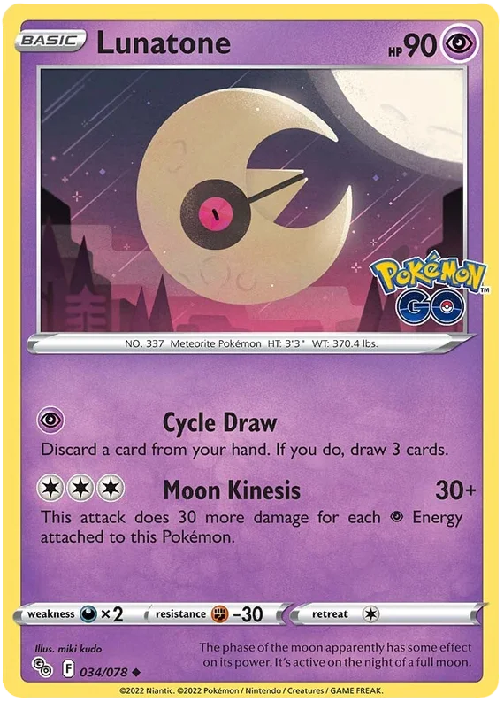 Lunatone common kaart 034/078 uit de Pokémon GO set met Cycle Draw en Moon Kinesis aanval
