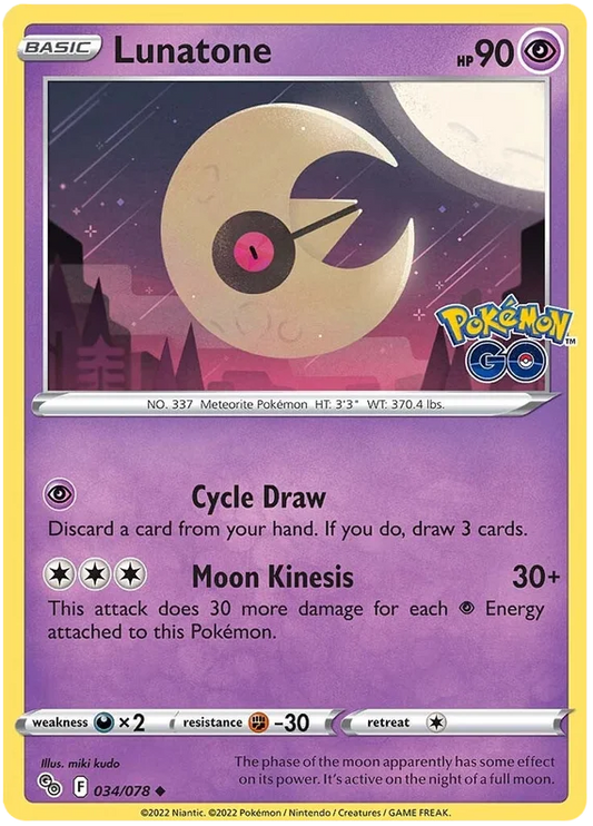 Lunatone common kaart 034/078 uit de Pokémon GO set met Cycle Draw en Moon Kinesis aanval