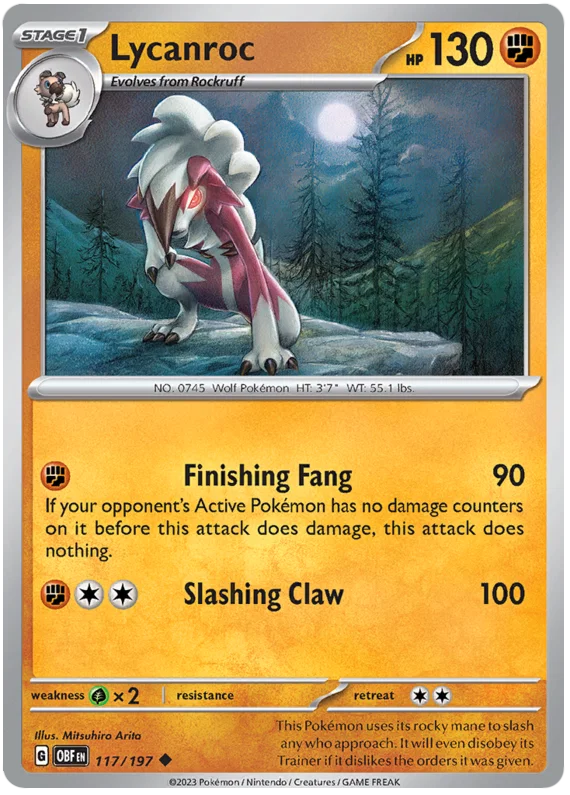 Lycanroc common kaart nummer 117 uit de Pokémon Obsidian Flames set