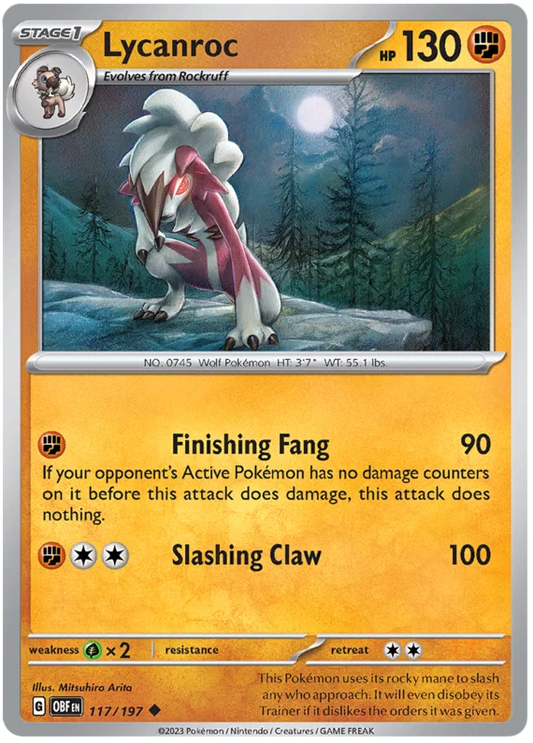 Lycanroc common kaart nummer 117 uit de Pokémon Obsidian Flames set