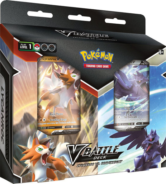 Vooraanzicht van het Lycanroc V vs. Corviknight V Battle Deck duo-pack inclusief alle extra kaarten en accessoires.
