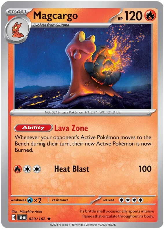 Pokemon Magcargo Holo #029 Temporal Forces kaart met glimmende holografische afwerking