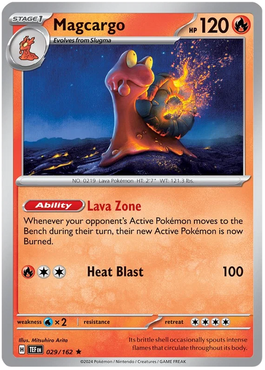 Pokemon Magcargo Holo #029 Temporal Forces kaart met glimmende holografische afwerking