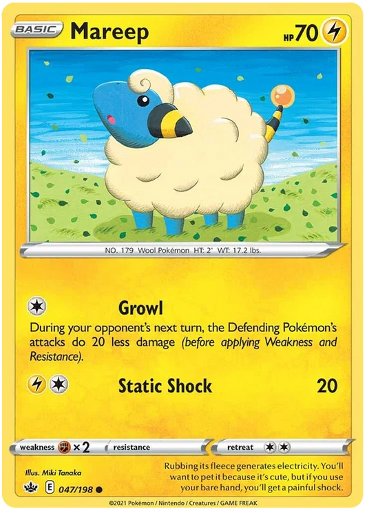 Mareep common Pokemon kaart nummer 047/198 uit de Chilling Reign set met Growl en Static Shock aanval