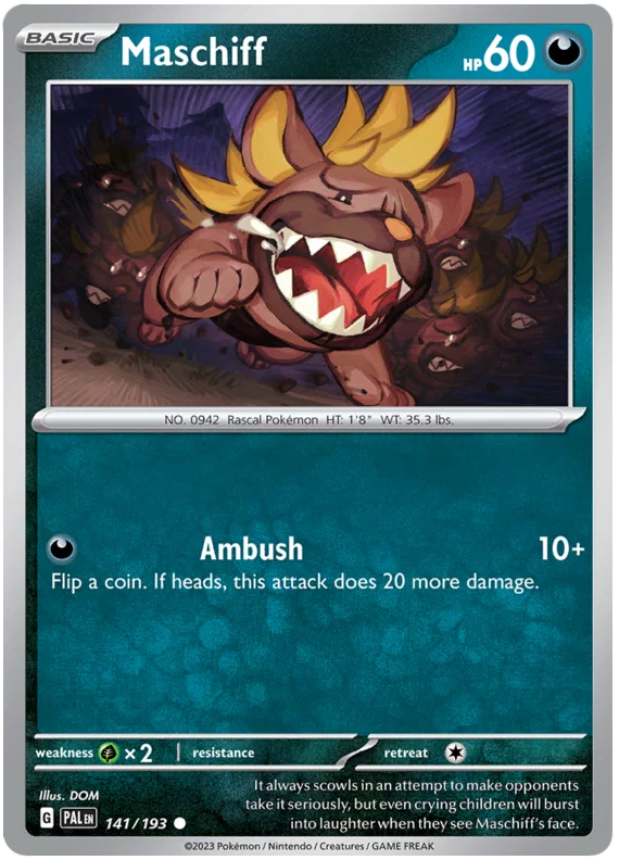 Maschiff common kaart nummer 141 uit de Pokémon Paldea Evolved set