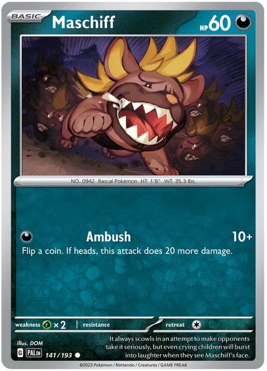 Maschiff common kaart nummer 141 uit de Pokémon Paldea Evolved set