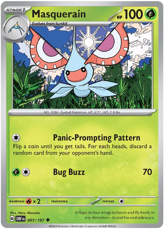 Pokémon Masquerain common kaart nummer 007 uit de Obsidian Flames set