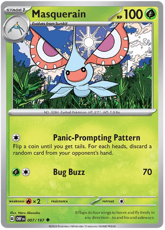 Pokémon Masquerain common kaart nummer 007 uit de Obsidian Flames set