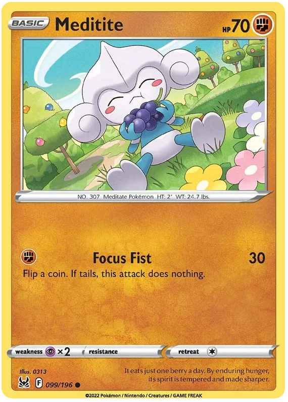 Meditite common Pokémon kaart nummer 099/196 uit de Lost Origin set