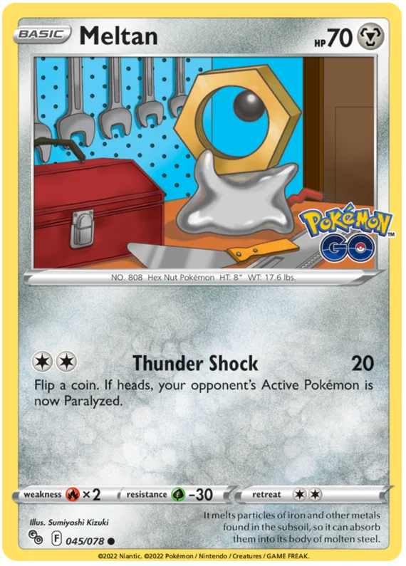 Meltan common Pokemon kaart uit de Pokemon GO set, kaartnummer 045/078