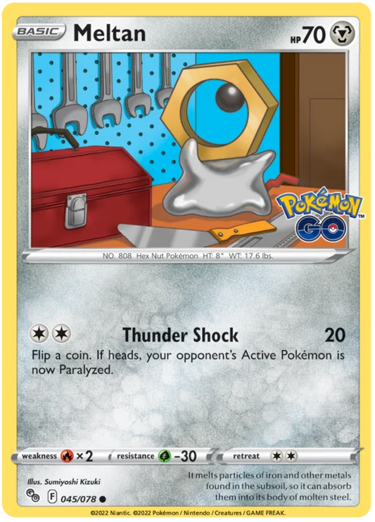 Meltan common Pokemon kaart uit de Pokemon GO set, kaartnummer 045/078
