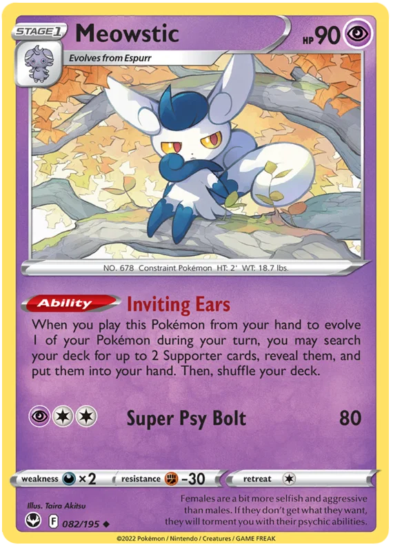 Pokémon Meowstic common kaart nummer 082 uit de Silver Tempest set