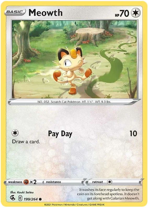 Meowth common kaart #199/264 uit de Pokémon Fusion Strike set met Pay Day aanval