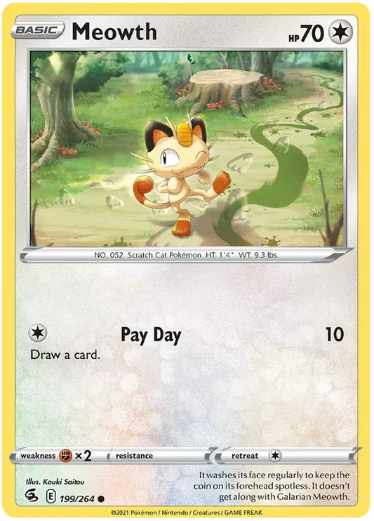 Meowth common kaart #199/264 uit de Pokémon Fusion Strike set met Pay Day aanval