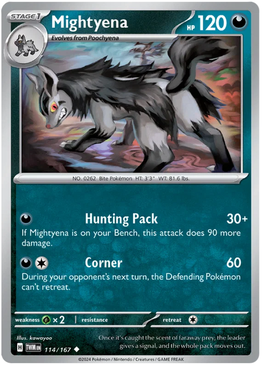 Mightyena #114 common Pokémon kaart uit de Twilight Masquerade set