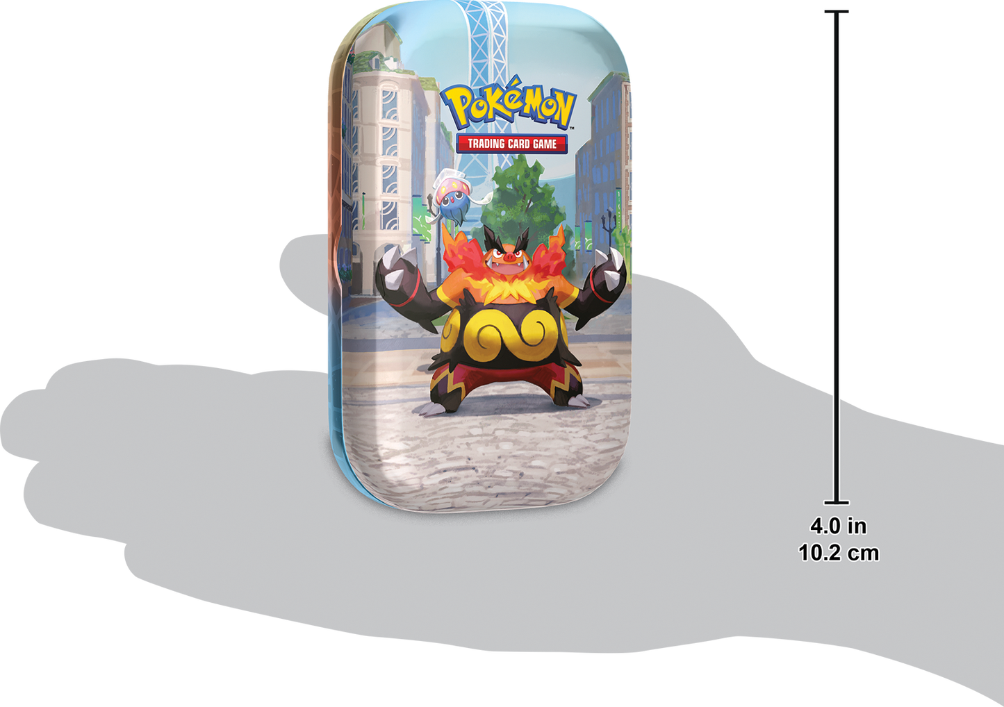 Formaatindicatie van de Emboar Mini Tin in een hand ter referentie van de grootte.