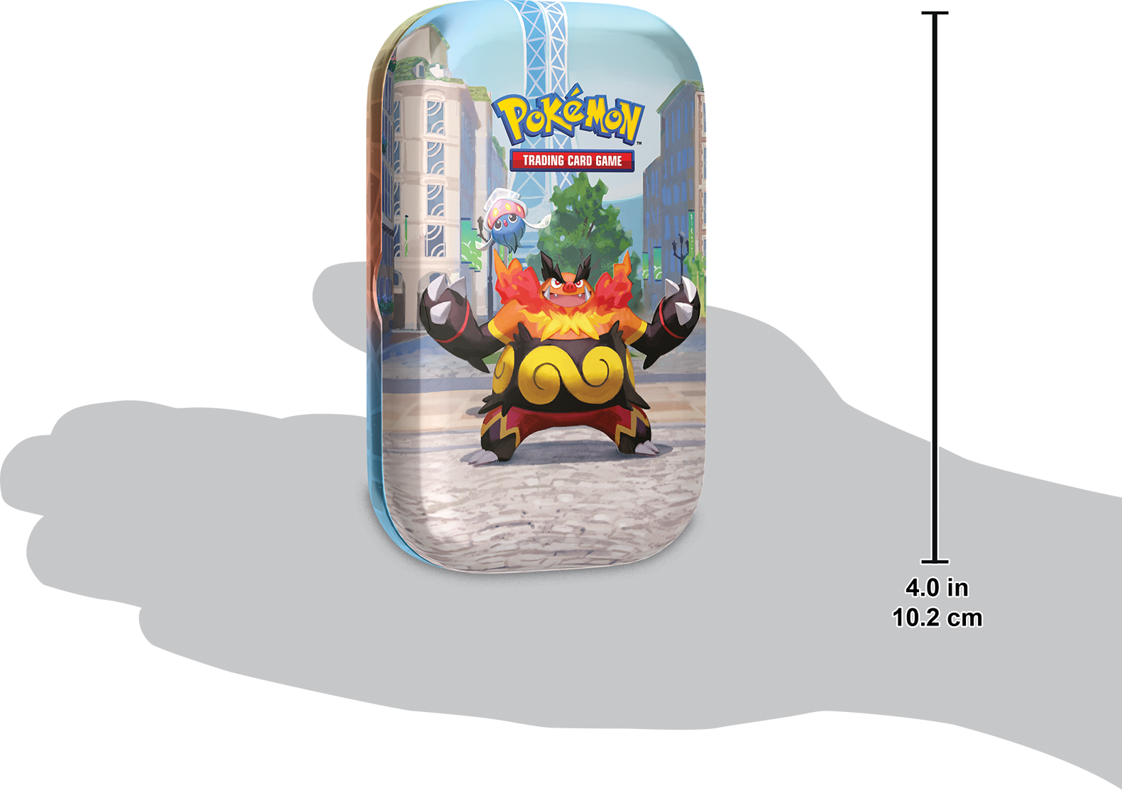 Formaatindicatie van de Emboar Mini Tin in een hand ter referentie van de grootte.
