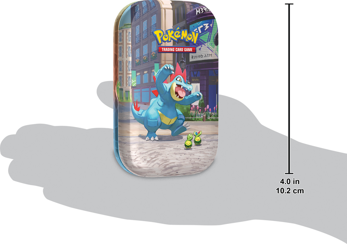 Formaatindicatie van de Feraligatr Mini Tin in een hand ter referentie van de grootte.
